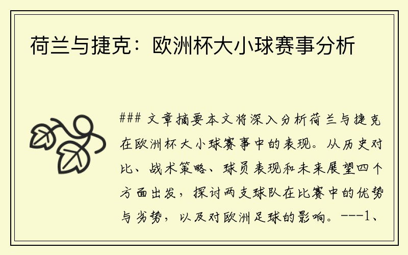 荷兰与捷克：欧洲杯大小球赛事分析