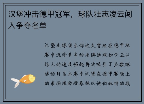汉堡冲击德甲冠军，球队壮志凌云闯入争夺名单