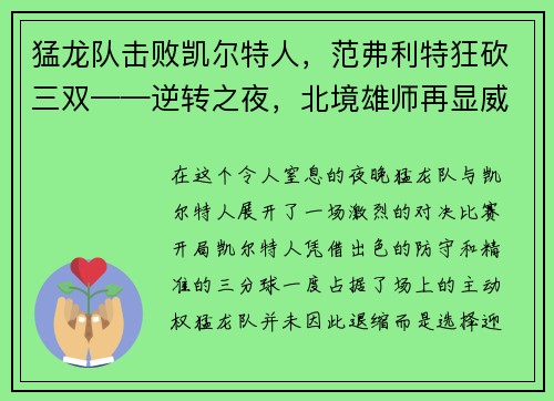 猛龙队击败凯尔特人，范弗利特狂砍三双——逆转之夜，北境雄师再显威